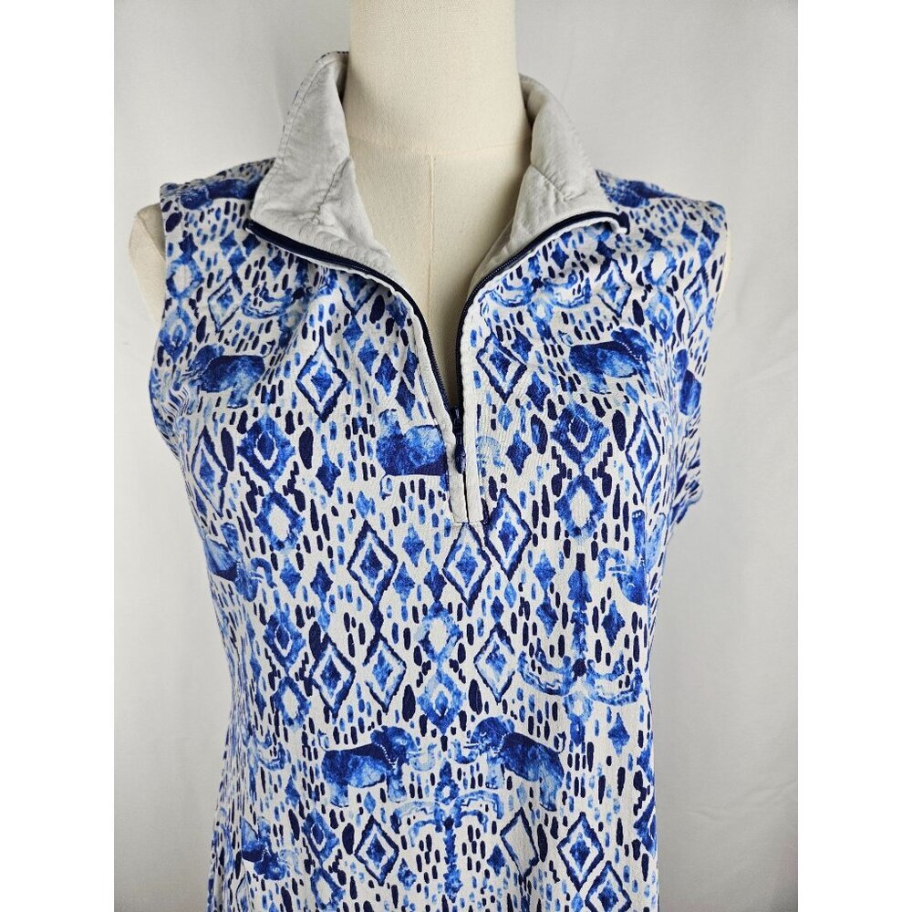 IBKUL Dress Medium Sleeveless Mock Zip Neck Elephant Print Blue UPF50 Resortwear - Picture 9 of 11